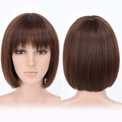 Vista 33 de Pelucas Bob con flequillo, peluca de cabello castaño rojizo de 10 Caoba
