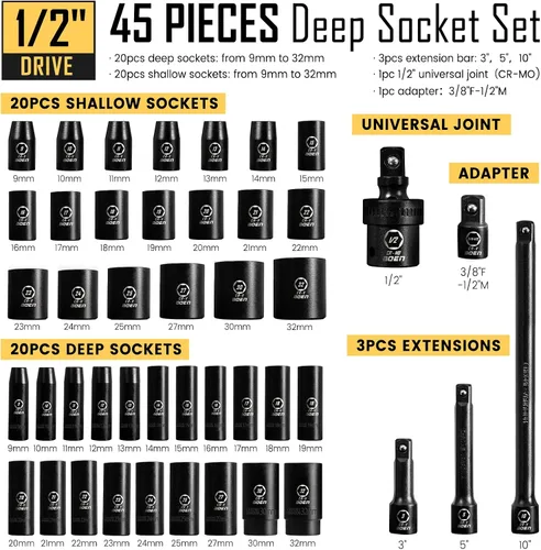 Vista 2 de BOEN Juego de 64 llaves de impacto SAE y métricas de 1/2 pulgada, revestimiento de fosfato negro, diseño de 6 puntos, cumple con las normas ANSI