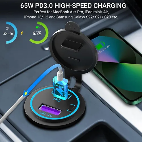 Vista 3 de Cargador de Portátil con Toma USB de 83W 12V: Paquete de 2 de 65W USB-C PD3.0 y 18W QC3.0 Puerto Múltiple para Coche Toma de 12V Impermeable