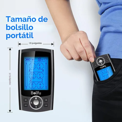 Vista 3 de Belifu Unidad TENS EMS de Doble Canal 24 Modos Estimulador Muscular para Terapia de Alivio del Dolor, Masajeador de Pulso Electrónico Masajeador