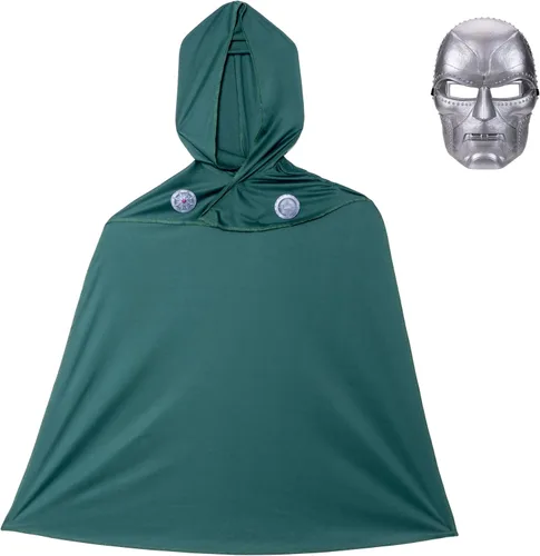 Vista 3 de Marvel Doctor Doom - Juego de máscara y capa oficial de Halloween para jóvenes, máscara de plástico de alta calidad con capa con capucha
