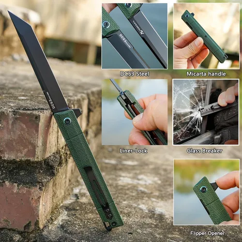 Vista 3 de Cuchillo plegable de bolsillo Flipper, hoja de acero DC53 y mango G10. Con clip de bolsillo y rompevidrios, cuchillo de bolsillo para hombres Verde