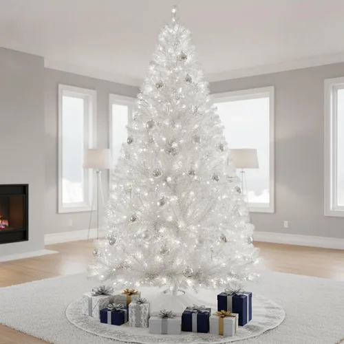 Vista 9 de Árbol de Navidad artificial preiluminado de 6 pies, color blanco 300 luces LED blancas, 726 puntas de PVC, soporte de metal, fácil montaje