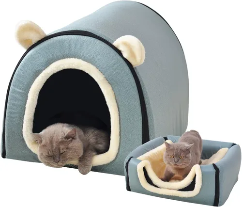 Vista 35 de Cama para gato o cama para perro, 2 formas de uso, casa de mascotas para interior con alfombra esponjosa, cubierta extraíble y lavable, fondo Grúas