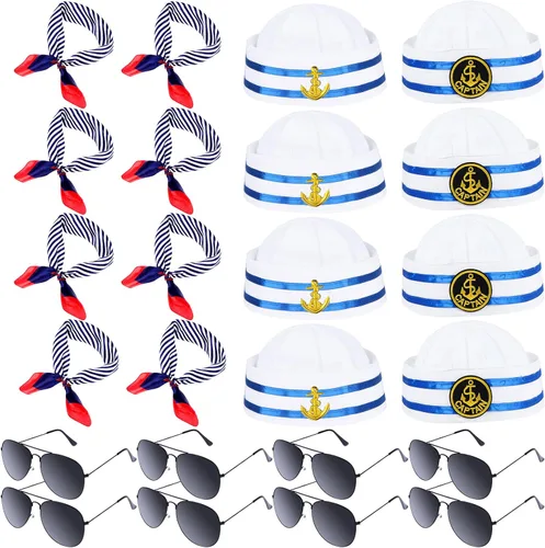 Vista 5 de RZJSLSHANHAI Paquete de 24 pañuelos de capitán marineros traje azul marino con sombrero de marinero blanco sombrero de marinero azul marino sombrero