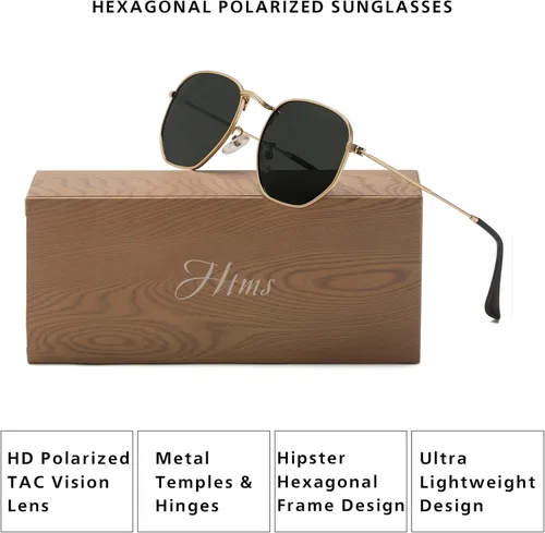 Vista 3 de Hipster. - Lentes de sol polarizados hexagonales para hombre y mujer, diseño geométrico, cuadrados, pequeños, marco de metal vintage, gafas de sol