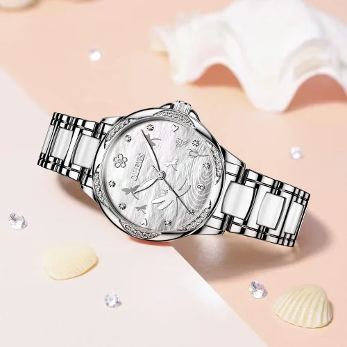 Vista 2 de OLEVS Relojes automáticos para mujer, mecánico, esfera de corazón, esfera de corazón, oro rosa, banda de cerámica, impermeable, luminoso, fecha