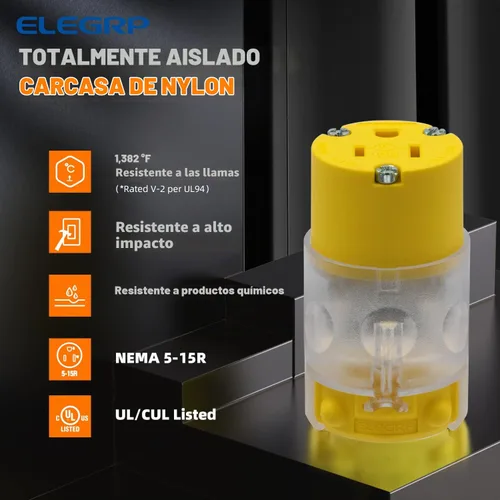 Vista 2 de ELEGRP NEMA 5-15R de 15 amperios, 125 voltios, 2 polos, 3 cables, conexión a tierra, hoja recta, enchufe eléctrico, cable de repuesto, grado