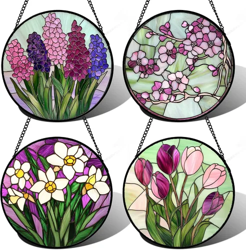 Vista 8 de Juego de 4 piezas para colgar vidrieras, rosas rojas, girasoles amarillos, 6.3 pulgadas, atrapasoles de flores, puerta de jardín, decoración