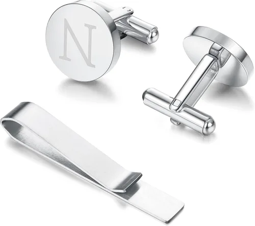 Vista 4 de Diamday Cuff Links and Tie Clips Set Personalized Cufflinks for Men Silver Gold Initial Cufflinks Men's Link Shirt Studs Tie Letter Tie Clips and