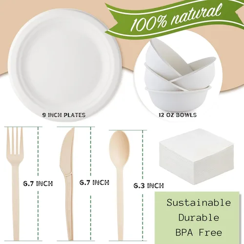 Vista 4 de Juego de 300 platos de papel compostables – Platos biodegradables resistentes, cuencos y cubiertos – Ideal para fiestas, bodas, pícnics, camping