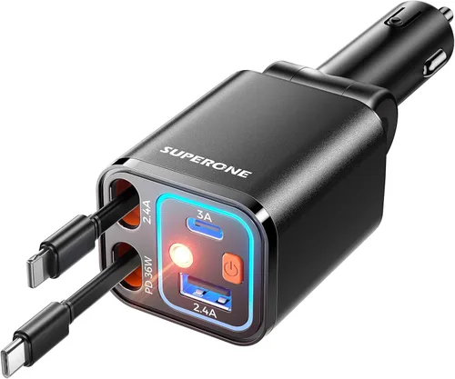 Vista 9 de SUPERONE - Cargador retráctil para automóvil, 99 W, con cables, carga rápida, adaptador USB C para iPhone 17, 16, 15, 14, 13, 12, Samsung, negro