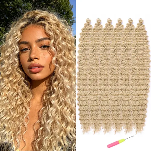 Vista 33 de Extensiones de cabello ondulado con ganchillo Ocean Wave de 18 pulgadas, 6 paquetes, extensiones de cabello de ganchillo sueltas de onda profunda #1B