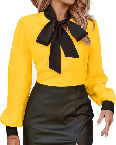 Vista 12 de Avanova - Camisas de manga larga abullonada con cuello de lazo para mujer, blusas casuales de trabajo