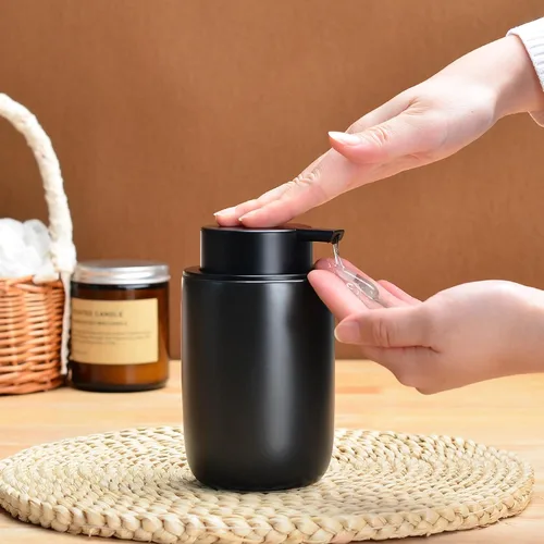Vista 5 de BosilunLife Dispensador de jabón de manos de cerámica negra – Juego de dispensador de espuma y loción de 12 onzas para fregadero de cocina y baño