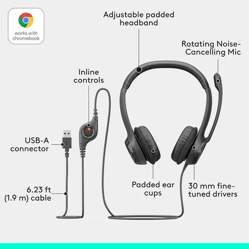 Vista 6 de Logitech H390 Auriculares estéreo con cable para PC/portátil, USB-A, color negro