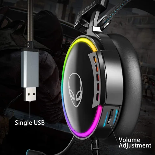 Vista 5 de ETWAR Auriculares USB para juegos para PC, 7.1 con micrófono con cancelación de ruido, con luces RGB para portátiles con micrófono