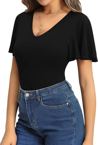 Vista 3 de MANGOPOP Body sexy de manga corta con volantes y cuello en V profundo para mujer