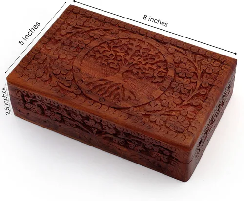 Vista 3 de Gran regalo de cumpleaños, caja de joyería decorativa de madera hecha a mano, organizador de joyas tallado en árbol de la vida, caja de recuerdos