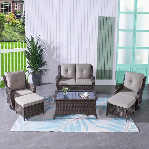 Vista 118 de HUMMUH Juego de 2 Sillas Giratorias Mecedoras de Mimbre para Patio Exterior, Juego de Muebles de Sillas Mecedoras de Ratán (Marrón, Azul) 50,000