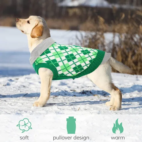 Vista 6 de Kuoser Suéter a cuadros para perro con agujero para arnés, color verde, talla S Polo Design Puppy Knitwear Fall Winter Sweater for Medium Dogs