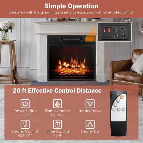 Vista 8 de SIMOE Insertos de chimenea eléctrica de 18 pulgadas, chimenea empotrada e independiente de 1400 W con brillo de llama 3D y termostato, temporizador