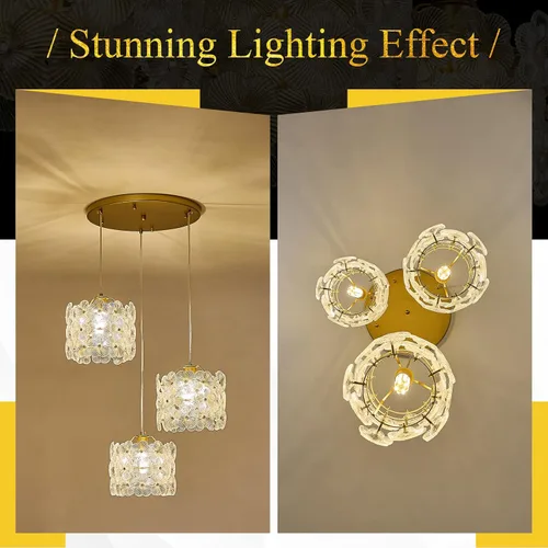 Vista 7 de Lámpara colgante de cristal de flor transparente con 3 luces de oro Dorado