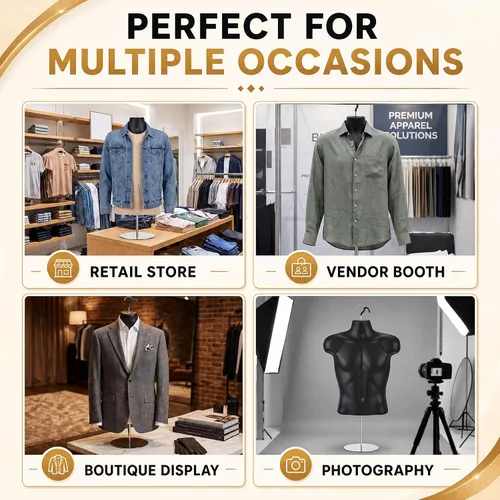 Vista 3 de Geetery 1 paquete de maniquí masculino de medio cuerpo con soporte y gancho para colgar, forma de vestido apilable con espalda hueca para exhibición
