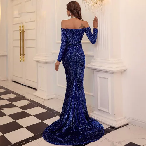 Vista 6 de Vestido largo de manga larga con hombros descubiertos y espalda descubierta, longitud al suelo, lentejuelas para boda, fiesta de noche