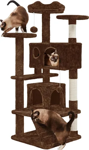 Vista 19 de Yaheetech - Torre de árbol para gatos de 62 pulgadas, torre para gatitos de interior, muebles para mascotas con doble refugio, postes para rascar
