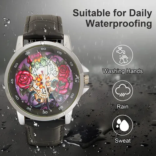 Vista 2 de Diseño especial hermoso cráneo de azúcar floral personalizado unisex correa de cuero de acero inoxidable reloj caja de metal, vidrio templado, banda