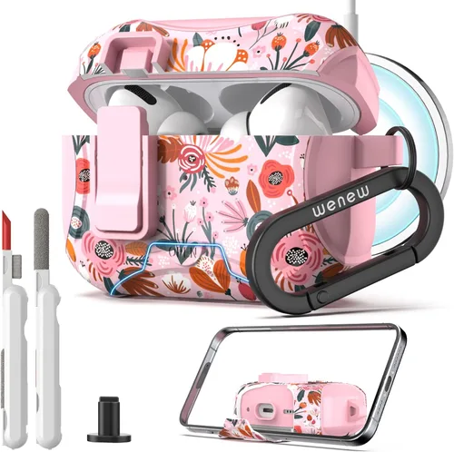 Vista 13 de wenew Funda compatible con AirPods Pro de 2ª/1ª generación con soporte para teléfono, limpiador, clip, compatible con Magsafe, funda de carga