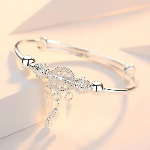 Vista 2 de Pulsera de plata de ley 925 hecha a mano vintage con atrapasueños, pulsera ajustable tallada para regalo para mujeres en cumpleaños, aniversarios