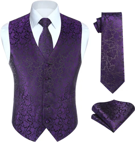 Vista 24 de HISDERN Conjunto de 3 piezas de chaleco formal para hombre, chaleco formal de cachemira floral jacquard corbata bolsillo cuadrado chalecos