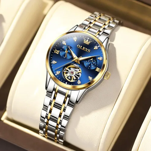 Vista 6 de OLEVS Reloj automático para mujer, de lujo, con cuerda automática, de diamante, de acero inoxidable, de fase lunar, impermeable, esfera azul luminosa
