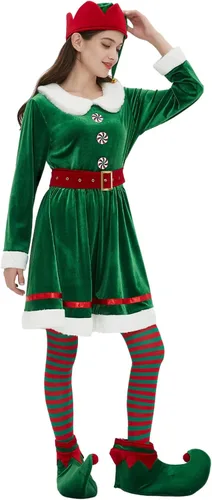 Vista 2 de Wabolay Disfraz de elfo para mujer, vestido de Navidad para adultos, 5 piezas, lindo traje de Navidad de elfos de Santa con sombrero, zapatos