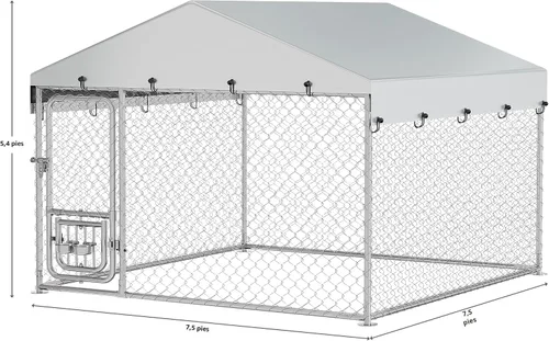 Vista 3 de YITAHOME Perrera para perros al aire libre con comederos giratorios, recinto para perros al aire libre de 7.5 x 7.5 pies con techo, jaula resistente