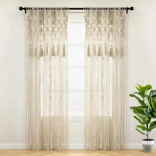 Vista 10 de Lush Decor Cenefa de algodón con borlas de macramé bohemio/cortina de cocina/decoración de pared, 30 pulgadas de largo x 40 pulgadas de ancho, gris