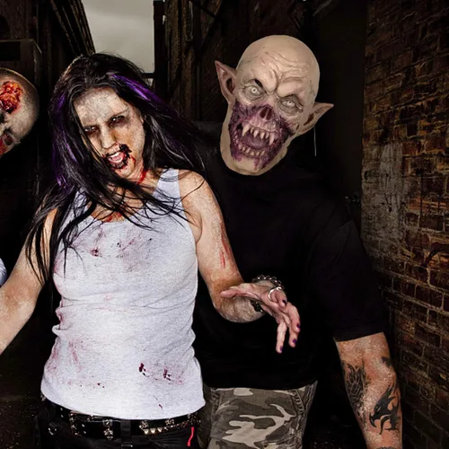 Vista 8 de Máscara de vampiro aterradora de Halloween, disfraz espeluznante de monstruo que camina muerto para fiesta, látex de cabeza completa para adultos