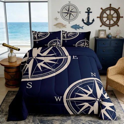 Vista 19 de Juego de edredón de brújula azul marino, tamaño individual, 2 piezas, diseño náutico de vela, estilo simple, para niños, adolescentes, adultos