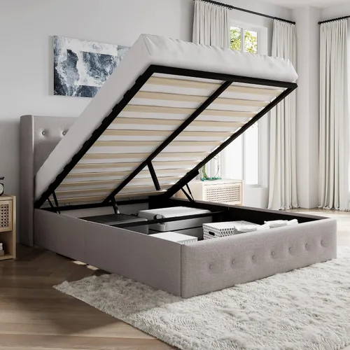 Vista 11 de SHA CERLIN Base de cama de tamaño completo con almacenamiento abatible, cabecera abombada con botón acolchado, plataforma tapizada, almacenamiento