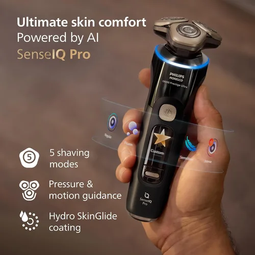 Vista 7 de Philips Norelco Shaver i9000 Prestige Ultra, afeitadora eléctrica en seco y húmedo, tinta negra, tecnología SenseIQ Pro, sistema de triple elevación