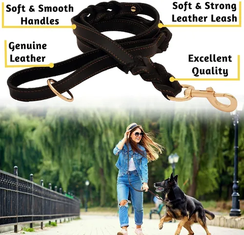 Vista 4 de Collar de cuero acolchado para perros medianos con correa de cuero de doble asa de 6 pies x 5/8 pulgadas