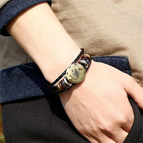 Vista 4 de 2 pulseras retro del zodiaco para hombres, 12 constelaciones, hechas a mano, pulseras de cuero trenzadas punk, cuero, vidrio, aleación, otro