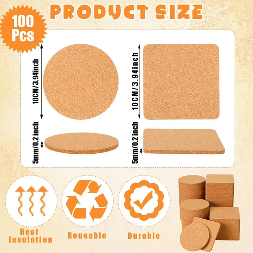 Vista 2 de Yaomiao Juego de 100 posavasos de corcho de madera a granel de 4 pulgadas para beber, té, café, blanco, absorbente, resistente al calor
