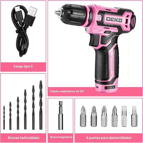 Vista 3 de Taladro inalámbrico: juego de taladro eléctrico DEKOPRO de 12 V con taladros eléctricos rosa de 800 RPM con caja de regalo, juego de taladro rosa
