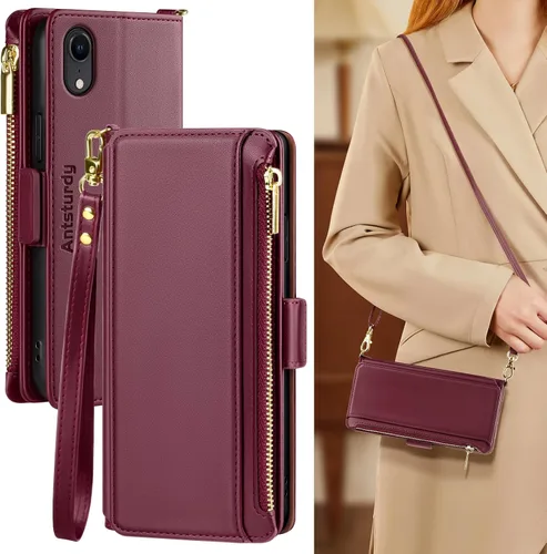 Vista 13 de Antsturdy Funda compatible con iPhone XR tipo cartera para mujer, bloqueo RFID, de piel sintética, funda cruzada para teléfono, con cremallera