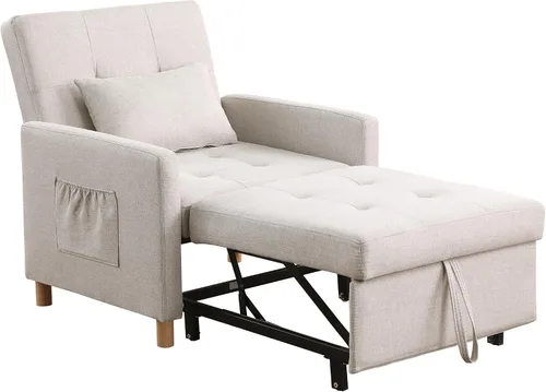 Vista 7 de Silla de cama convertible, sofá cama extraíble con respaldo ajustable, tela de lino, silla convertible con bolsillo lateral para sala de estar