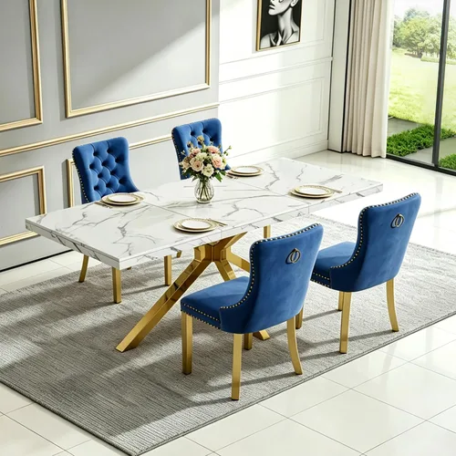 Vista 22 de Henf Mesa de comedor de mármol sintético blanco de 70 pulgadas para 4-6 personas, mesa de cocina rectangular moderna con mesa de mármol sintético