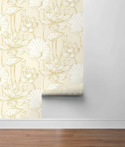 Vista 8 de NextWall - Papel tapiz para pared, diseño de loto floral (Oro metálico y crema)